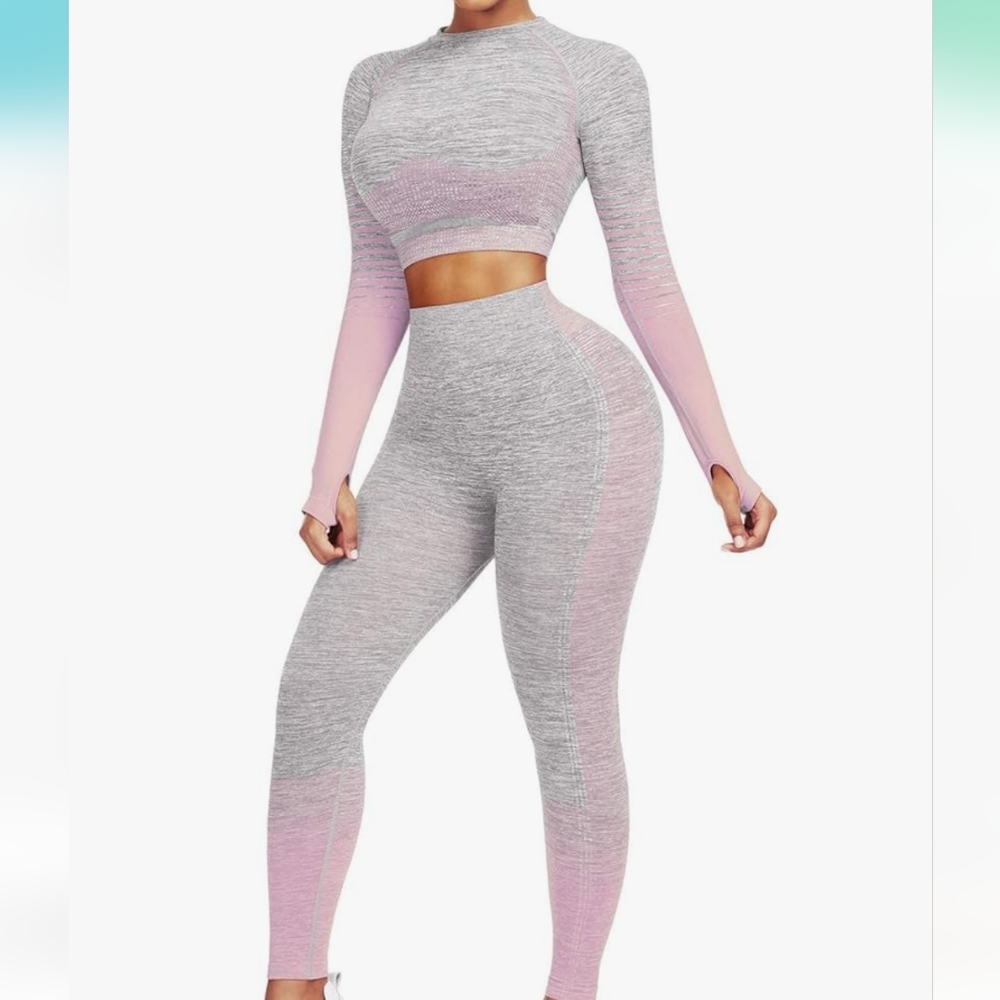 Two piece high waisted seamless workout set in Grey/Pink- Medium